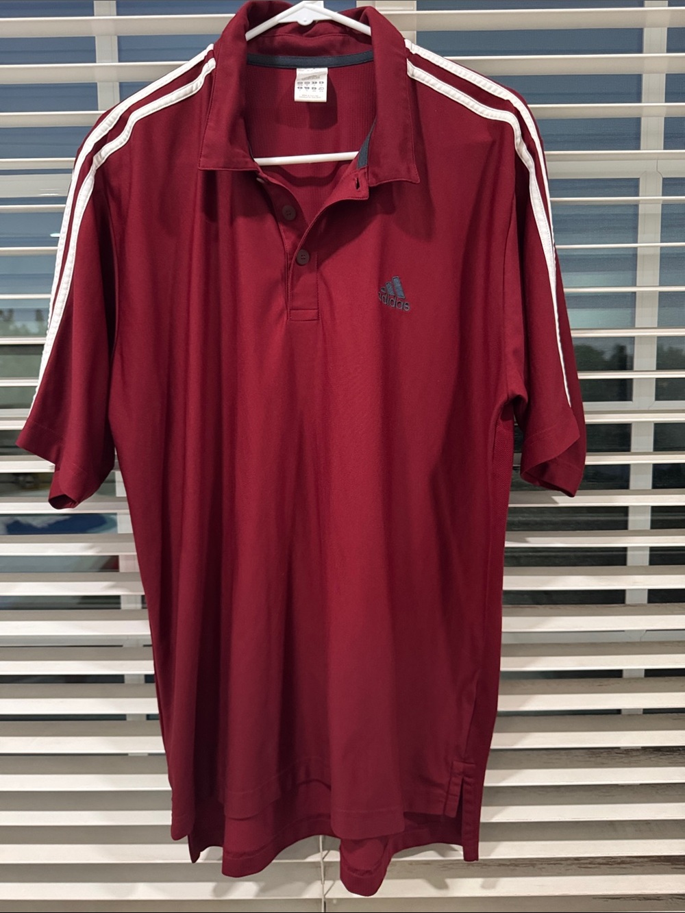 adidas Maroon Dryfit Polo with White Shoulder Stripes and navy logo